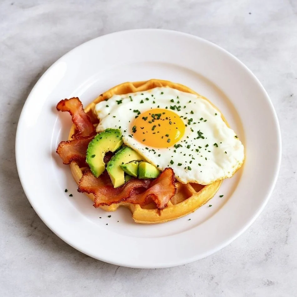 Desayuno Santorini con waffles, huevos, palta y tocino